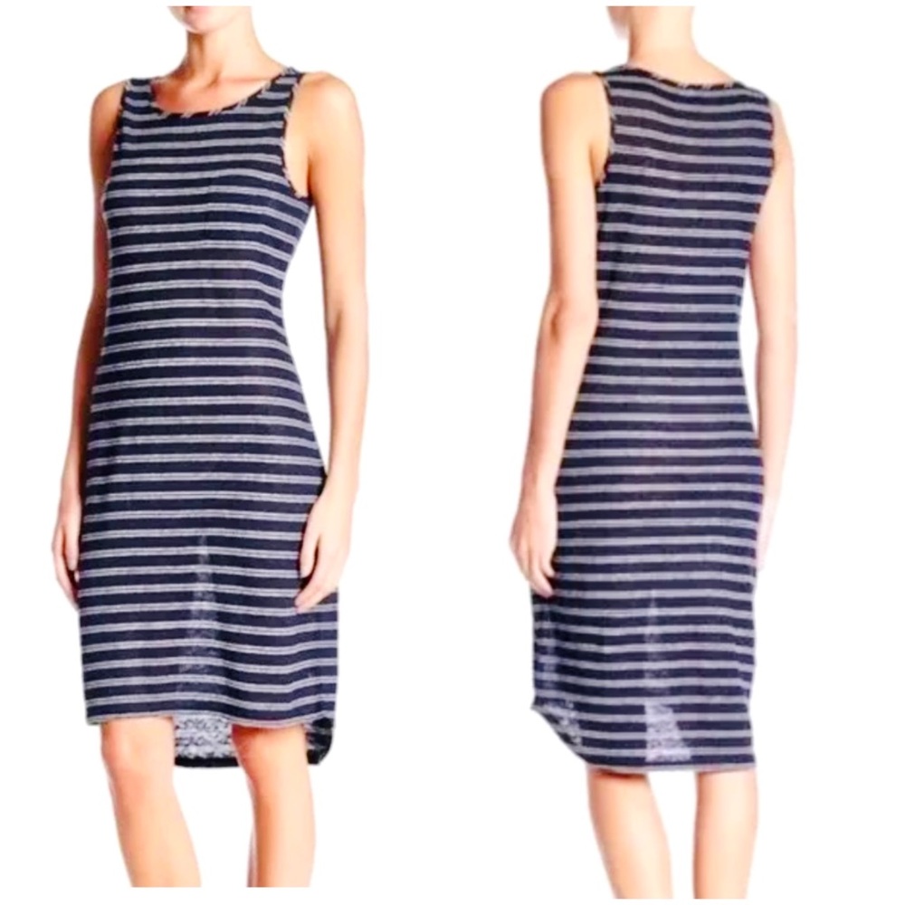 EUC VINCE XL L M Navy Linen White Striped Pocket Dress Knee Tank Pocket Sheer